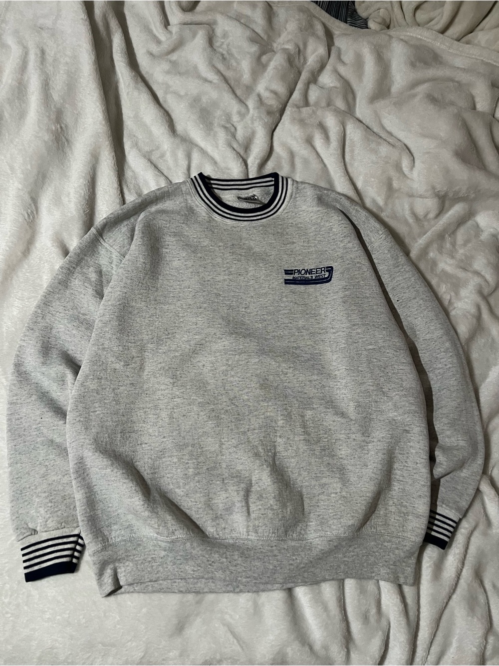 Vintage Pioneer Grey Crewneck Sweatshirt with Navy Stripe Trim